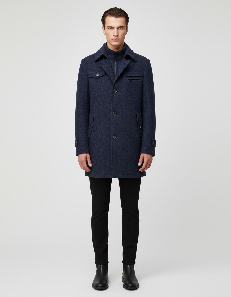 Trench-coat homme en laine à double col - Manteau d'affaires matelassé en laine, infroissable, avec fermeture éclair horizontale
