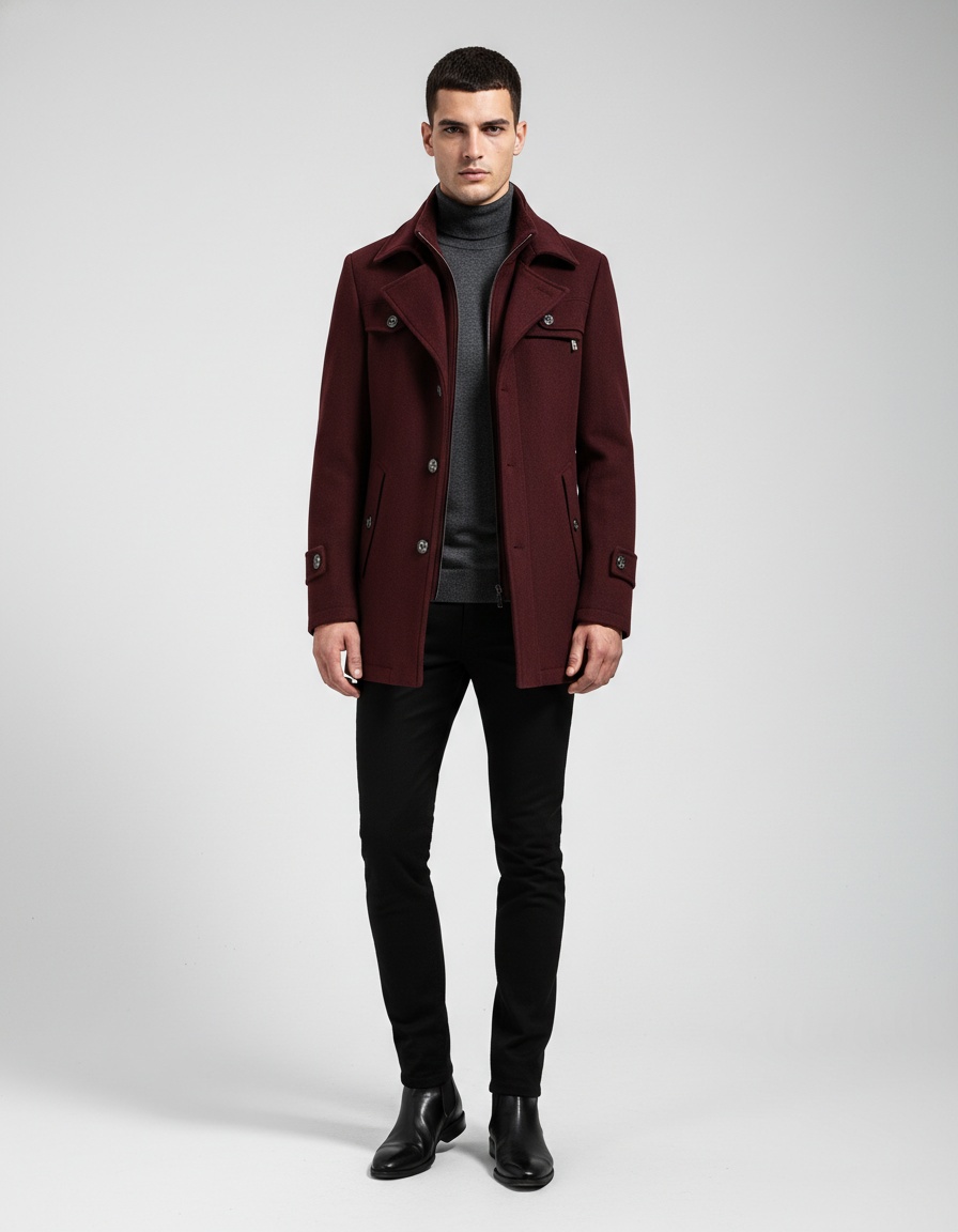 Trench-coat homme en laine à double col - Manteau d'affaires matelassé en laine, infroissable, avec fermeture éclair horizontale