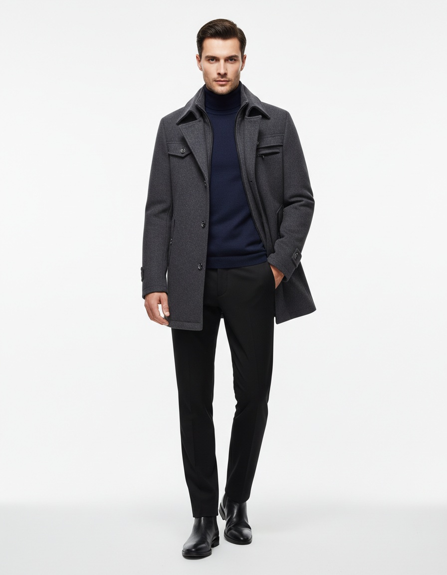 Trench-coat homme en laine à double col - Manteau d'affaires matelassé en laine, infroissable, avec fermeture éclair horizontale