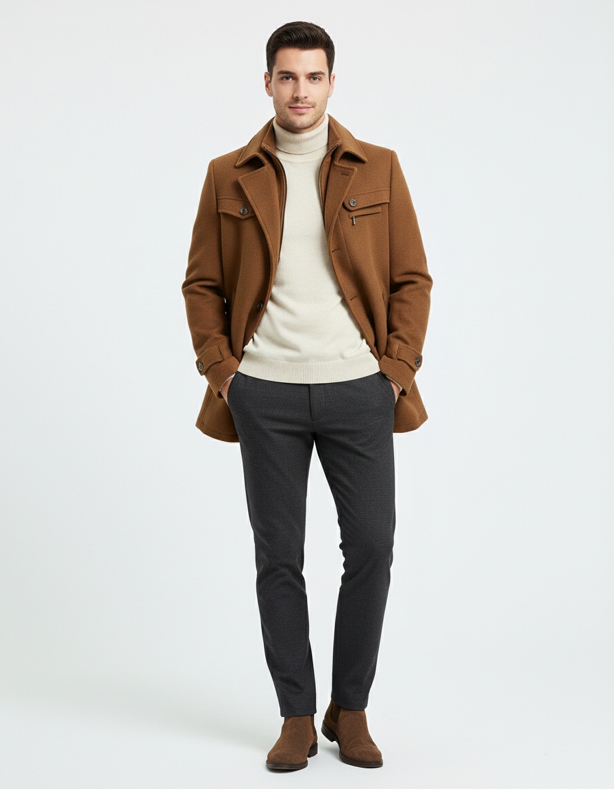 Trench-coat homme en laine à double col - Manteau d'affaires matelassé en laine, infroissable, avec fermeture éclair horizontale