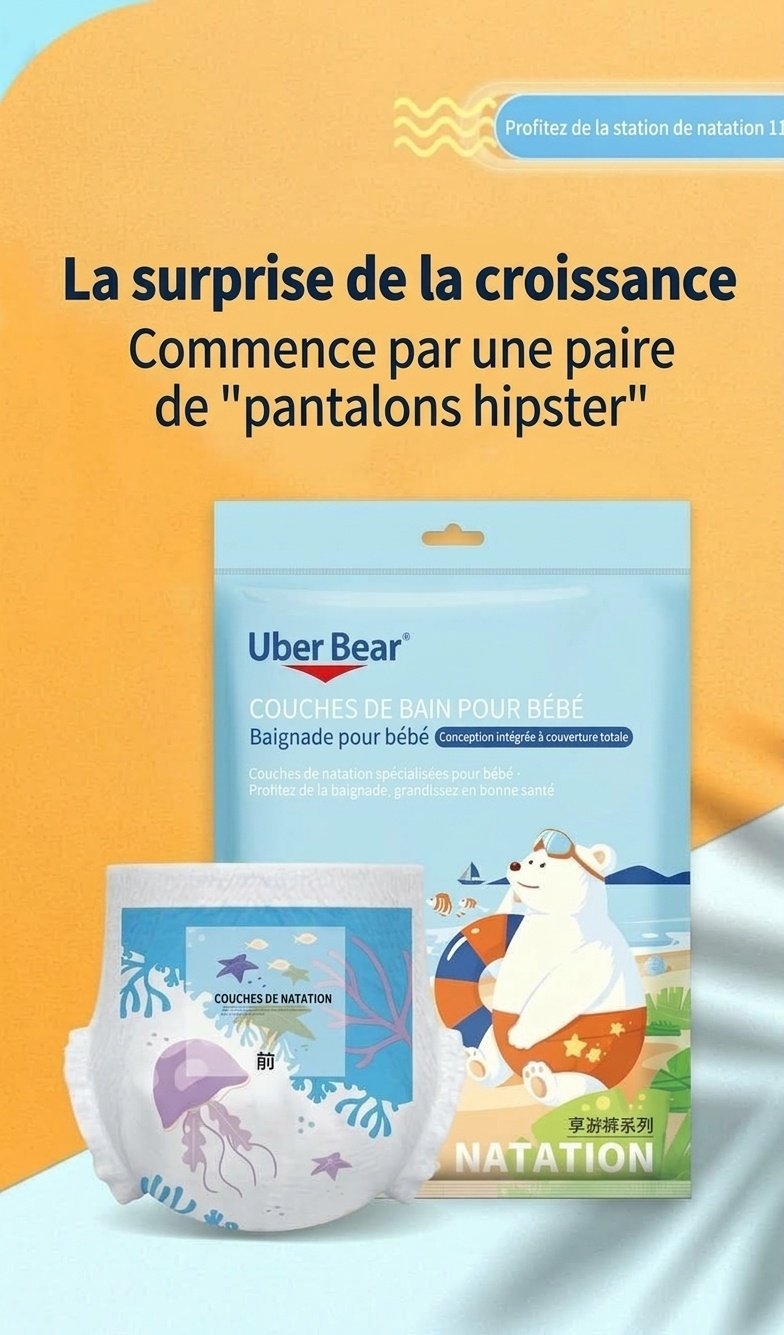 Couches de bain réutilisables pour bébé Uber Bear, culottes de natation pour nourrissons avec taille élastique à 360° et protection anti-fuites (paquet de 4)