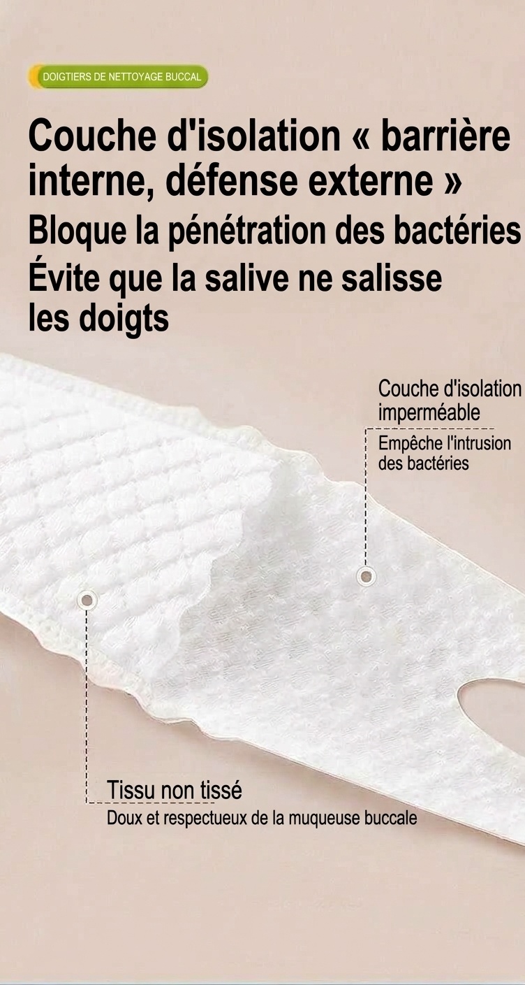 Doigts pour le nettoyage buccal de bébé, masseur de gencives souple en non-tissé et première brosse à dents
