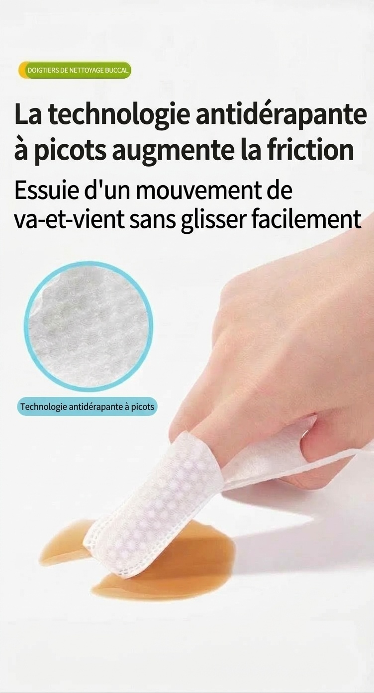 Doigts pour le nettoyage buccal de bébé, masseur de gencives souple en non-tissé et première brosse à dents