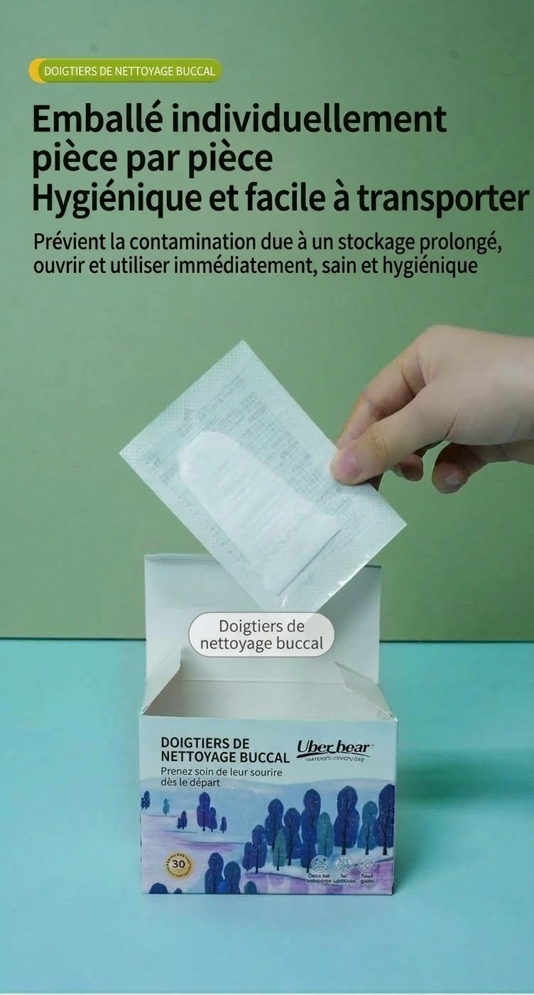 Doigts pour le nettoyage buccal de bébé, masseur de gencives souple en non-tissé et première brosse à dents