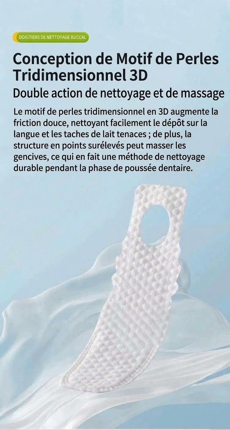 Doigts pour le nettoyage buccal de bébé, masseur de gencives souple en non-tissé et première brosse à dents