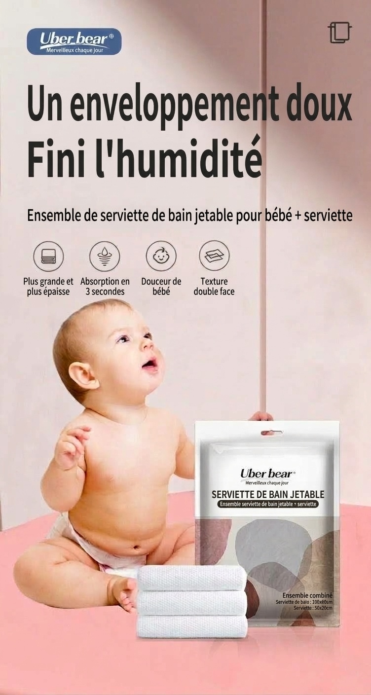 Ensemble de serviettes de bain jetables pour bébé Uber Bear, ultra-absorbantes et douces, à texture perle, idéal pour les voyages.