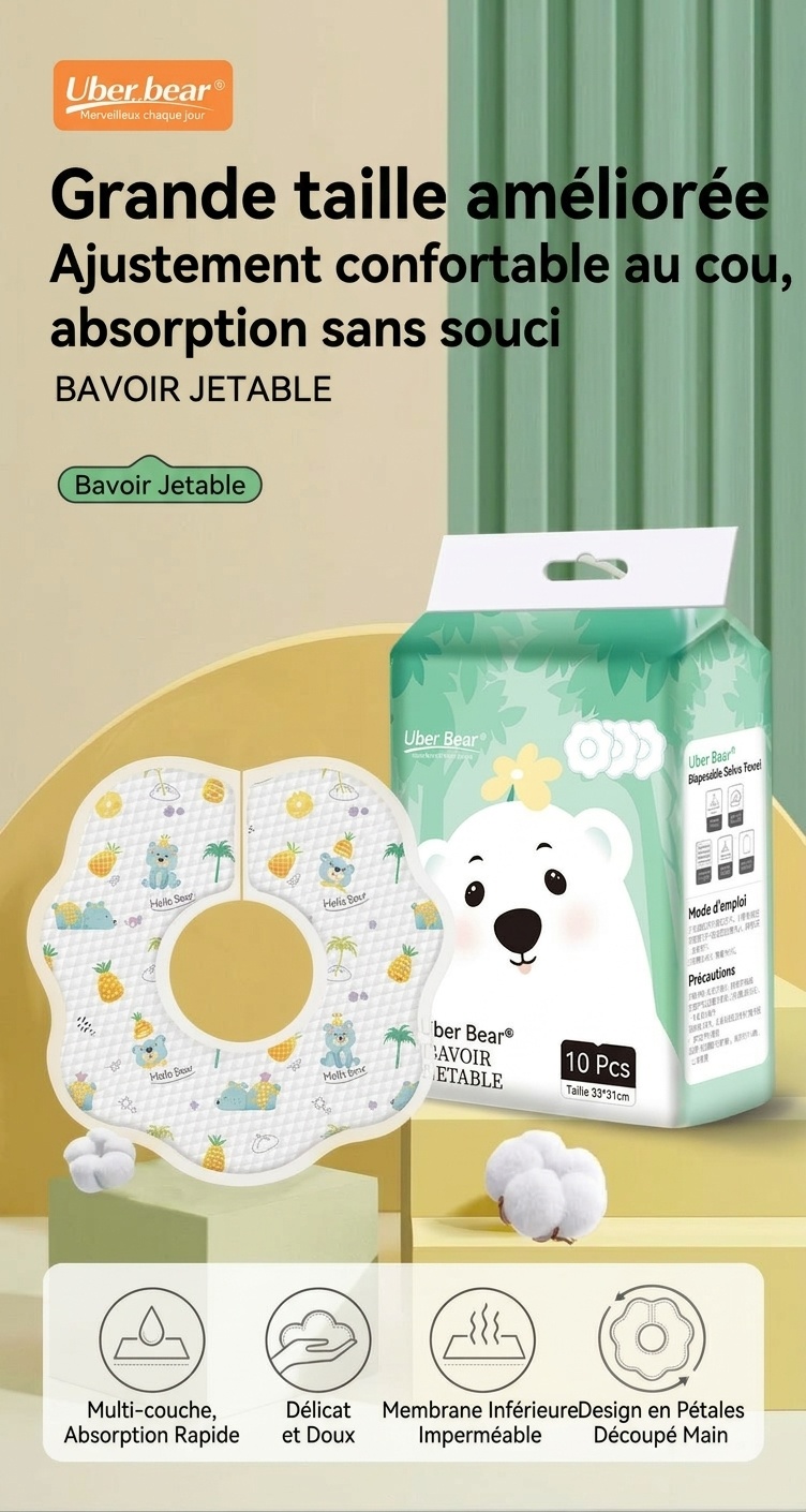 Bavoirs jetables Uber Bear pour bébé, bavoirs ultra-absorbants et doux pour les repas et la poussée dentaire