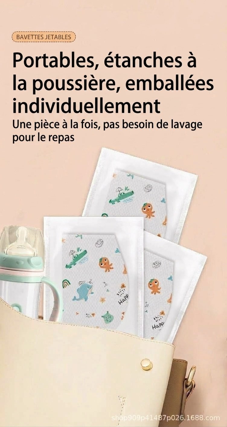 Bavoirs jetables imperméables pour bébé avec poche récupératrice de miettes, bavoirs de voyage anti-fuites pour les repas