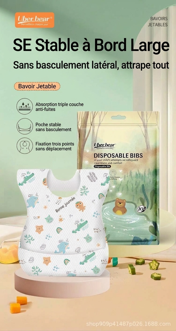 Bavoirs jetables imperméables pour bébé avec poche récupératrice de miettes, bavoirs de voyage anti-fuites pour les repas