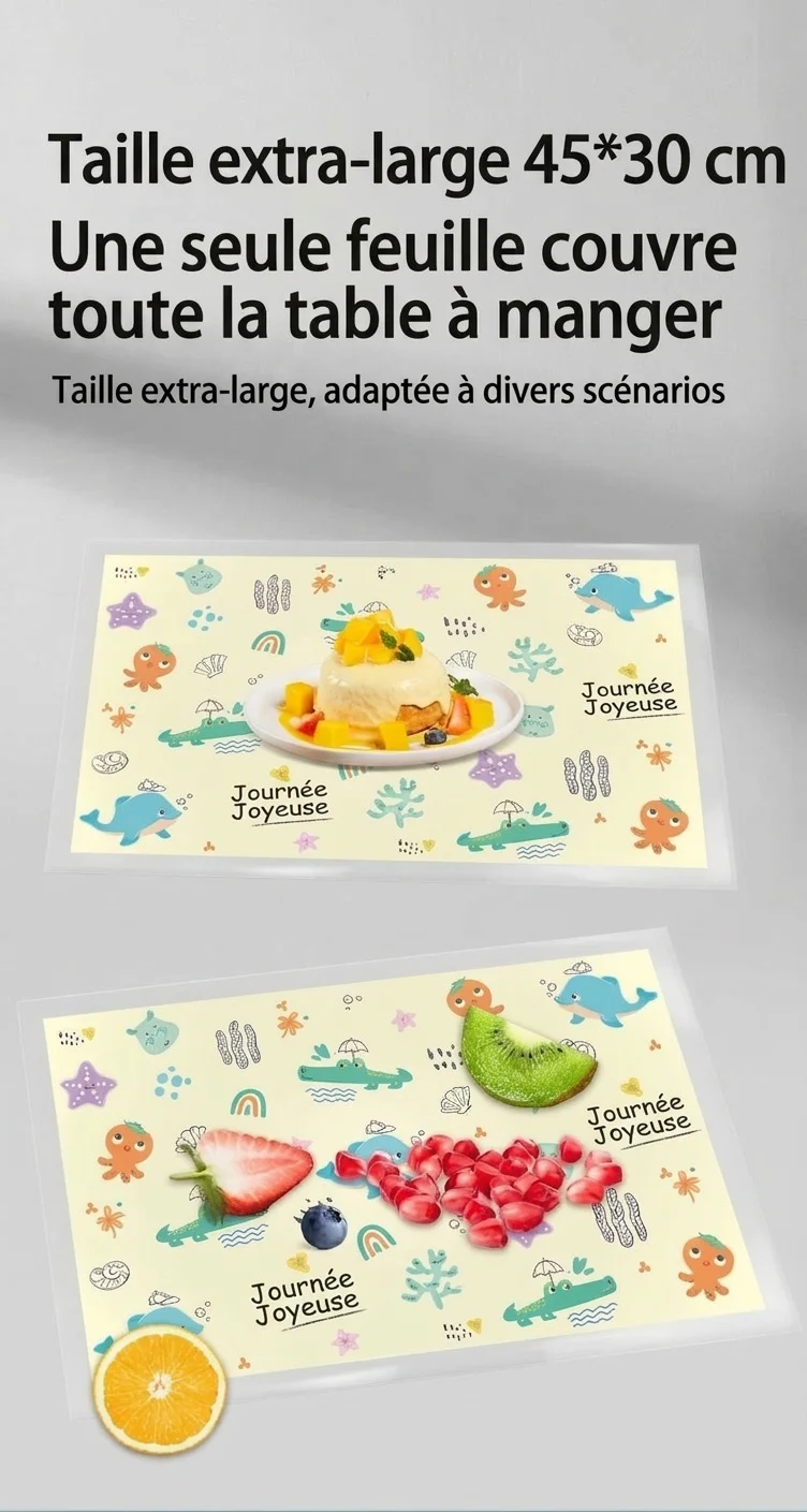 Sets de table jetables pour enfants, imperméables, adhésifs et antidérapants, parfaits pour les tout-petits et les voyages.