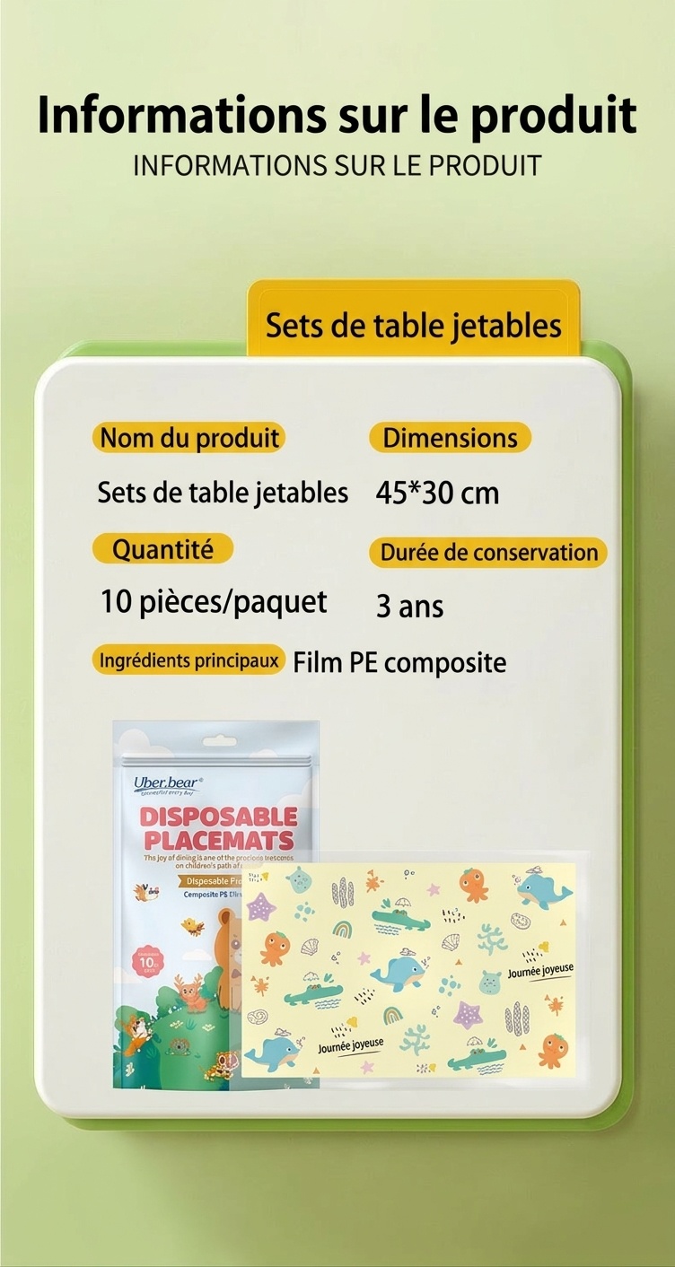 Sets de table jetables pour enfants, imperméables, adhésifs et antidérapants, parfaits pour les tout-petits et les voyages.