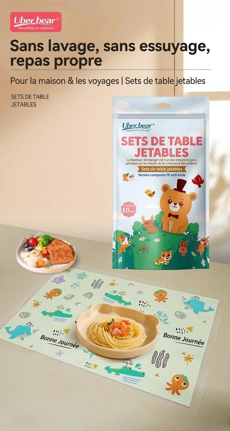 Sets de table jetables pour enfants, imperméables, adhésifs et antidérapants, parfaits pour les tout-petits et les voyages.