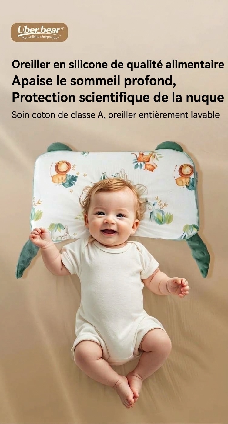 Oreiller ergonomique pour bébé avec soutien cervical, oreiller de sommeil lavable à noyau en gel de silicone biologique pour nourrisson