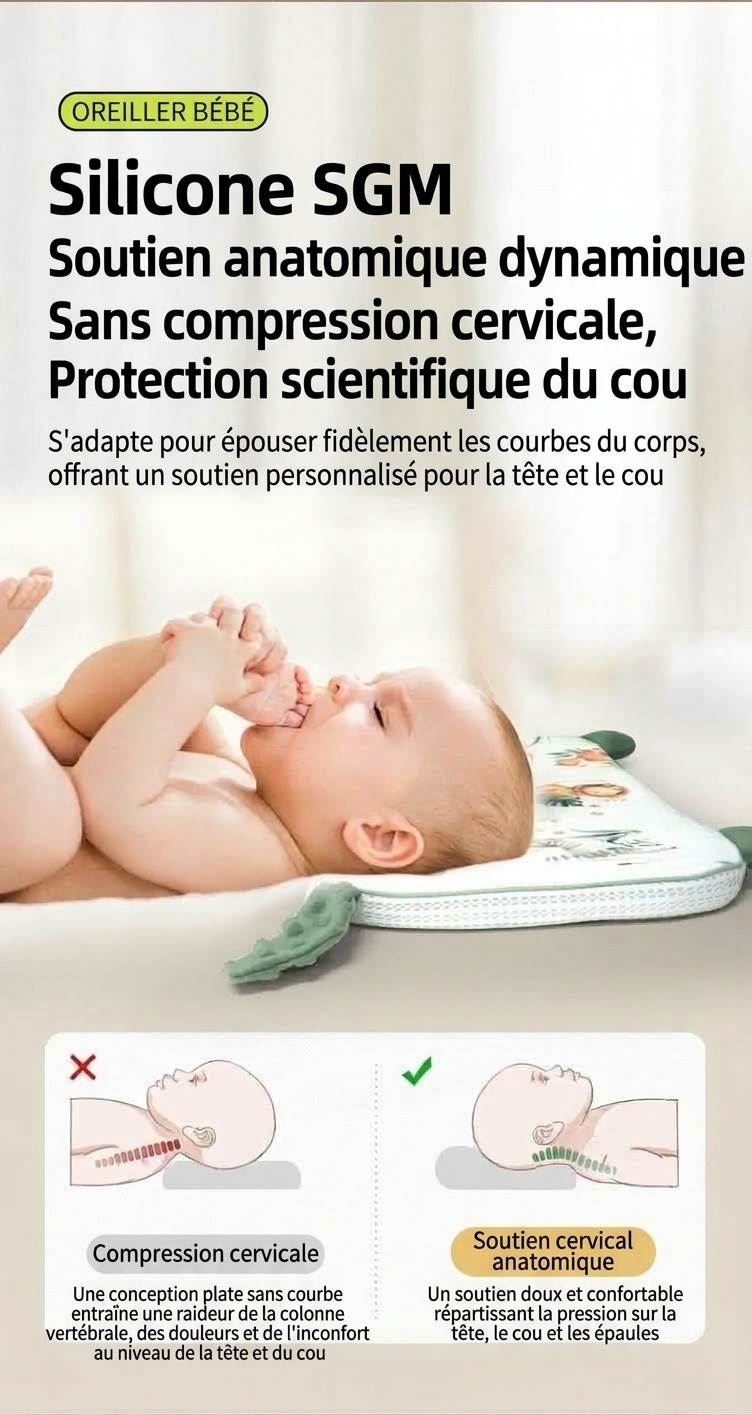 Oreiller ergonomique pour bébé avec soutien cervical, oreiller de sommeil lavable à noyau en gel de silicone biologique pour nourrisson