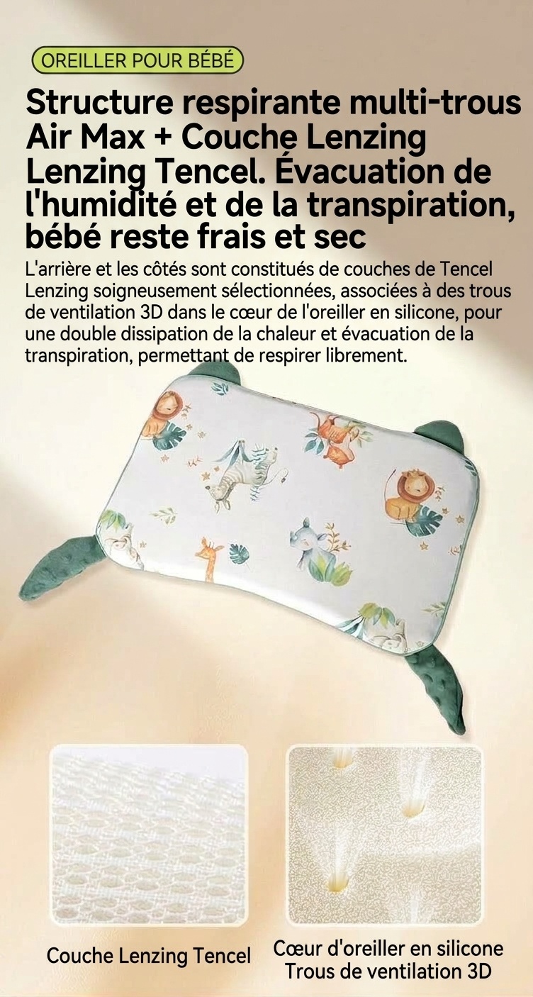Oreiller ergonomique pour bébé avec soutien cervical, oreiller de sommeil lavable à noyau en gel de silicone biologique pour nourrisson