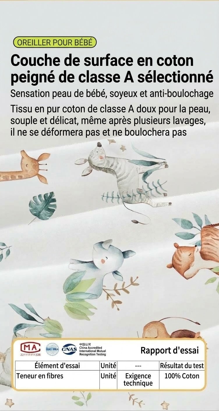 Oreiller ergonomique pour bébé avec soutien cervical, oreiller de sommeil lavable à noyau en gel de silicone biologique pour nourrisson