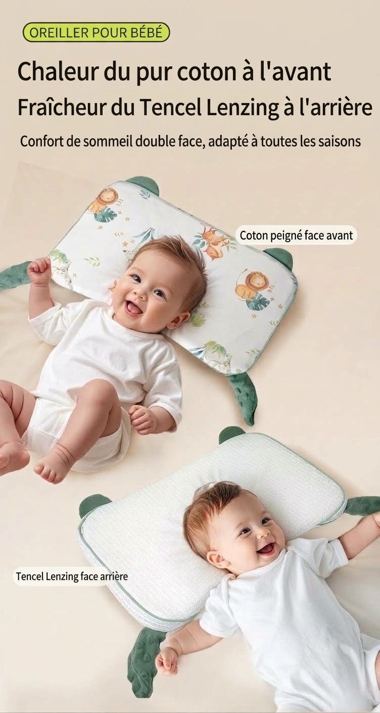 Oreiller ergonomique pour bébé avec soutien cervical, oreiller de sommeil lavable à noyau en gel de silicone biologique pour nourrisson