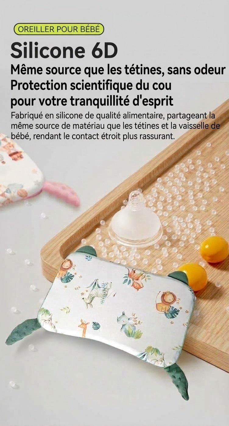 Oreiller ergonomique pour bébé avec soutien cervical, oreiller de sommeil lavable à noyau en gel de silicone biologique pour nourrisson