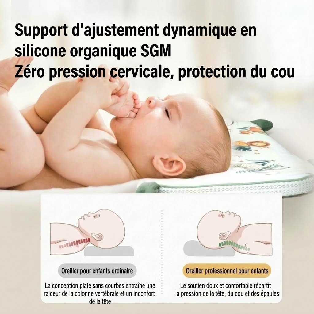Oreiller ergonomique pour bébé avec soutien cervical, oreiller de sommeil lavable à noyau en gel de silicone biologique pour nourrisson