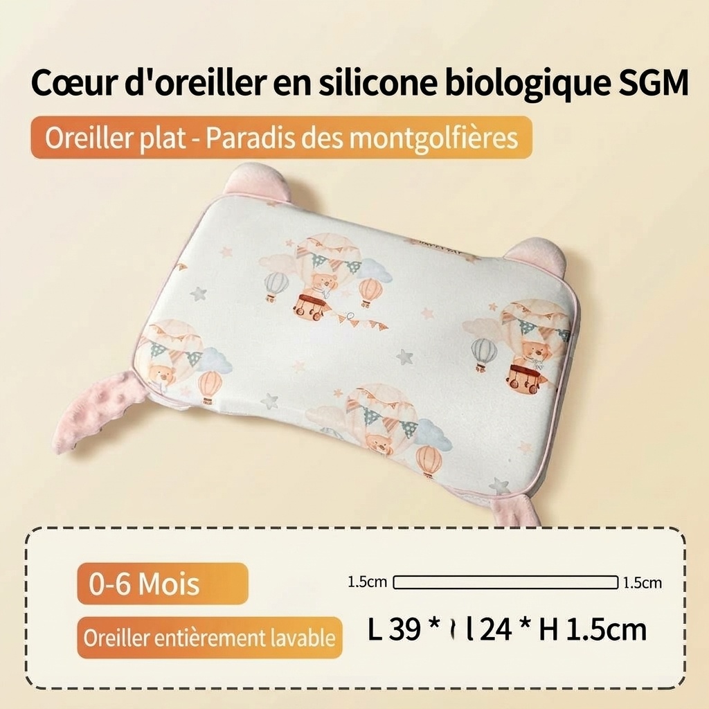 Oreiller ergonomique pour bébé avec soutien cervical, oreiller de sommeil lavable à noyau en gel de silicone biologique pour nourrisson