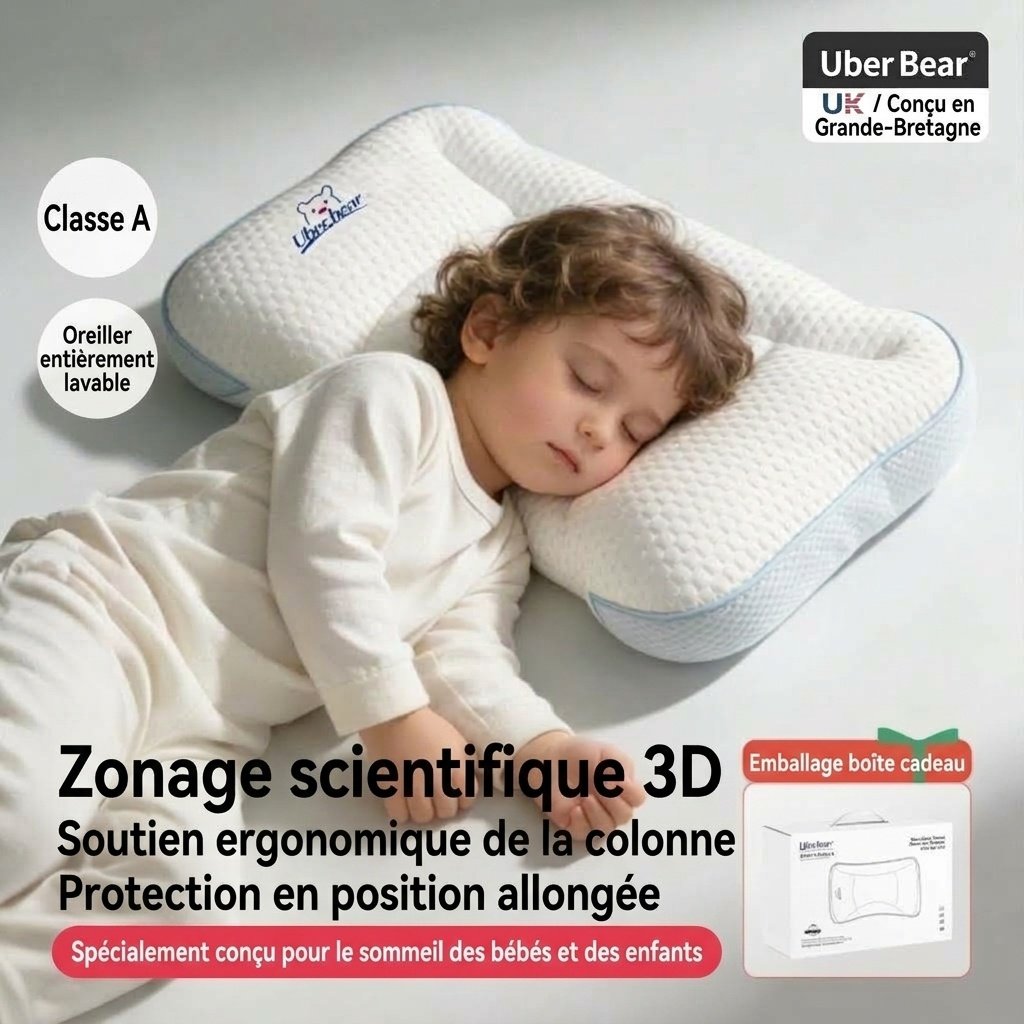 Oreiller ergonomique pour bébé, oreiller plat de soutien pour la colonne vertébrale et la nuque, lavable et profilé (0-6 mois et plus)