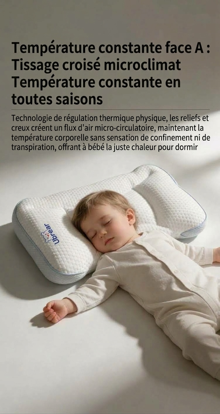 Oreiller ergonomique pour bébé, oreiller plat de soutien pour la colonne vertébrale et la nuque, lavable et profilé (0-6 mois et plus)