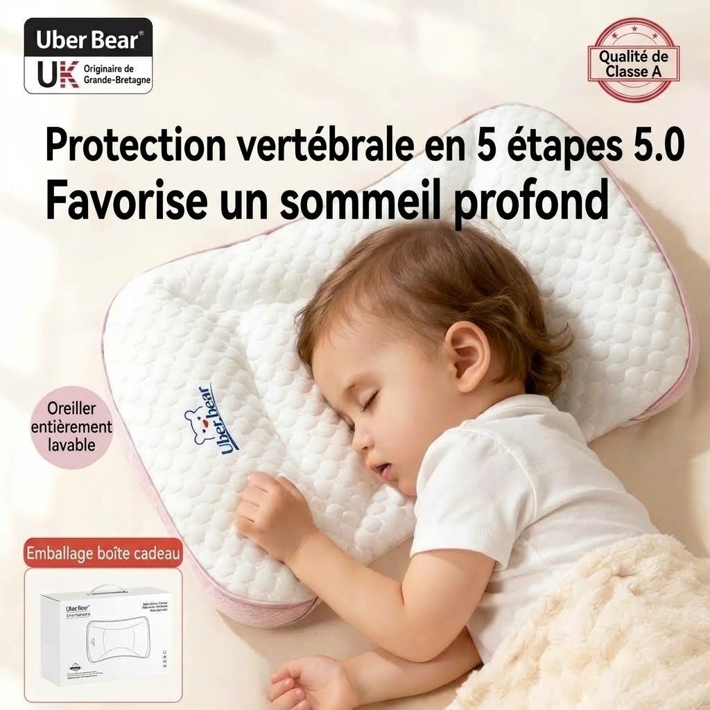 Oreiller ergonomique pour bébé, oreiller plat de soutien pour la colonne vertébrale et la nuque, lavable et profilé (0-6 mois et plus)