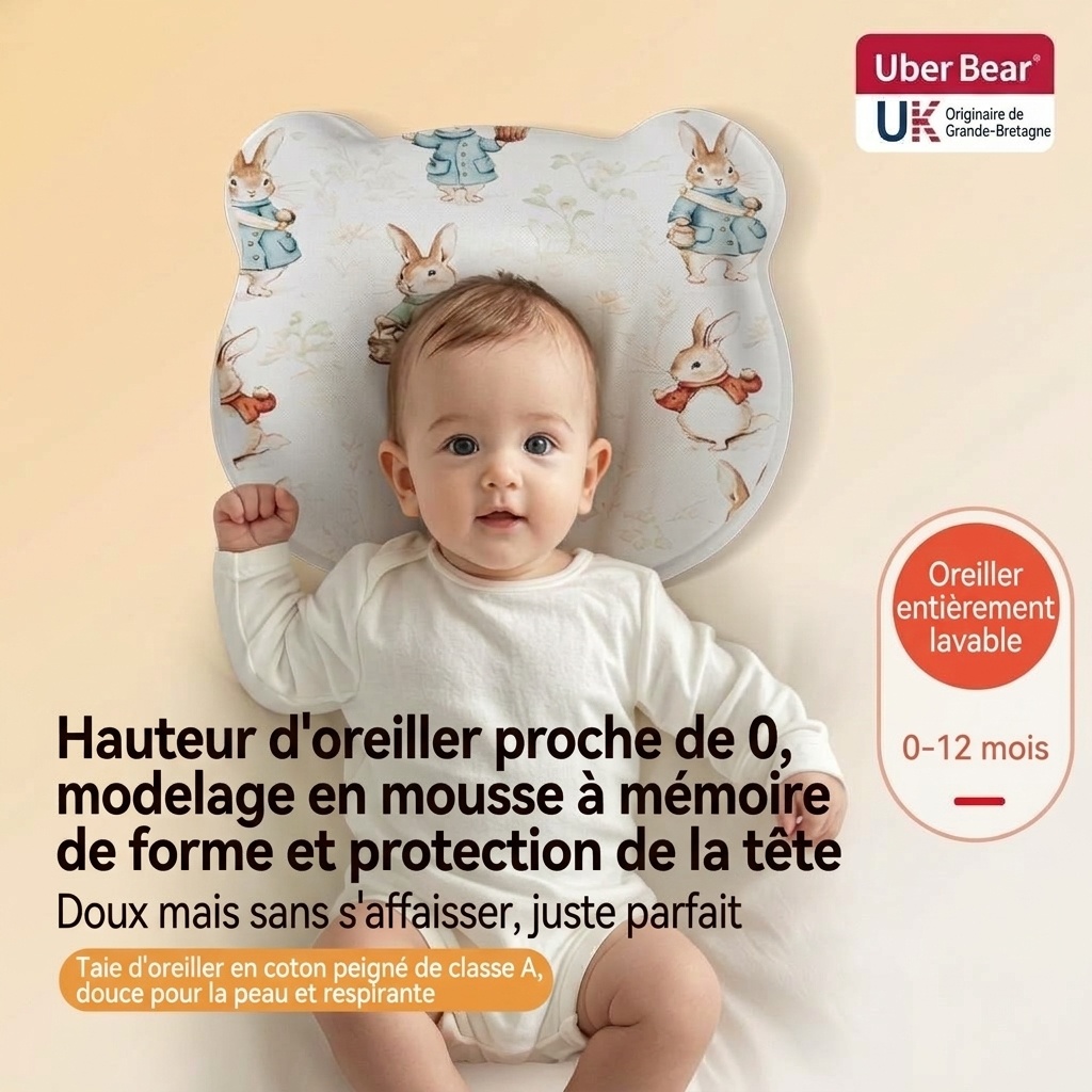 Oreiller de modelage de la tête pour nouveau-né, oreiller en mousse à mémoire de forme lavable anti-tête plate (0-12 mois)