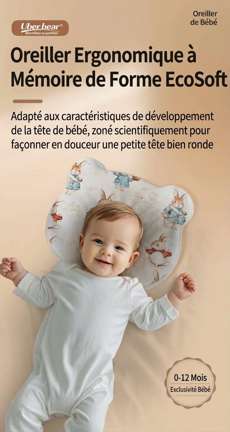 Oreiller de modelage de la tête pour nouveau-né, oreiller en mousse à mémoire de forme lavable anti-tête plate (0-12 mois)