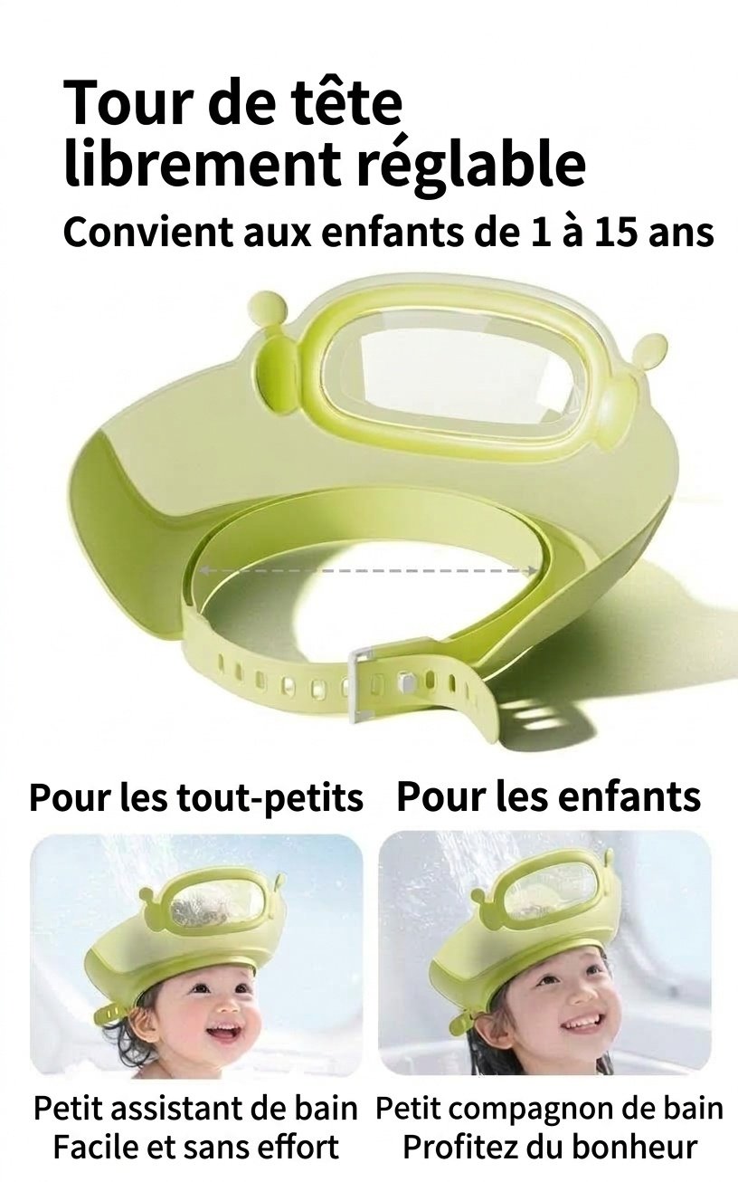 Visière de bain et protection pour shampoing pour bébé, bonnet de douche ajustable avec protection des yeux et des oreilles (1-15 ans)