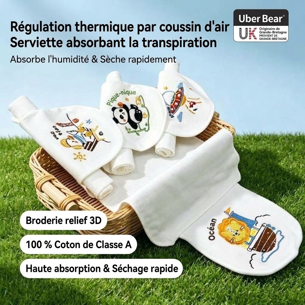 Serviette dorsale respirante 100 % coton pour bébé, absorbante et à séchage rapide.