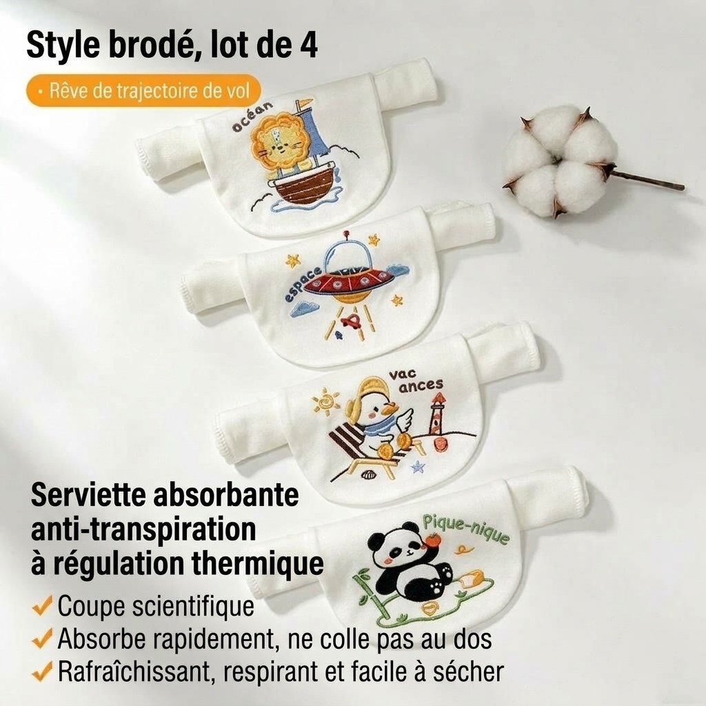 Serviette dorsale respirante 100 % coton pour bébé, absorbante et à séchage rapide.