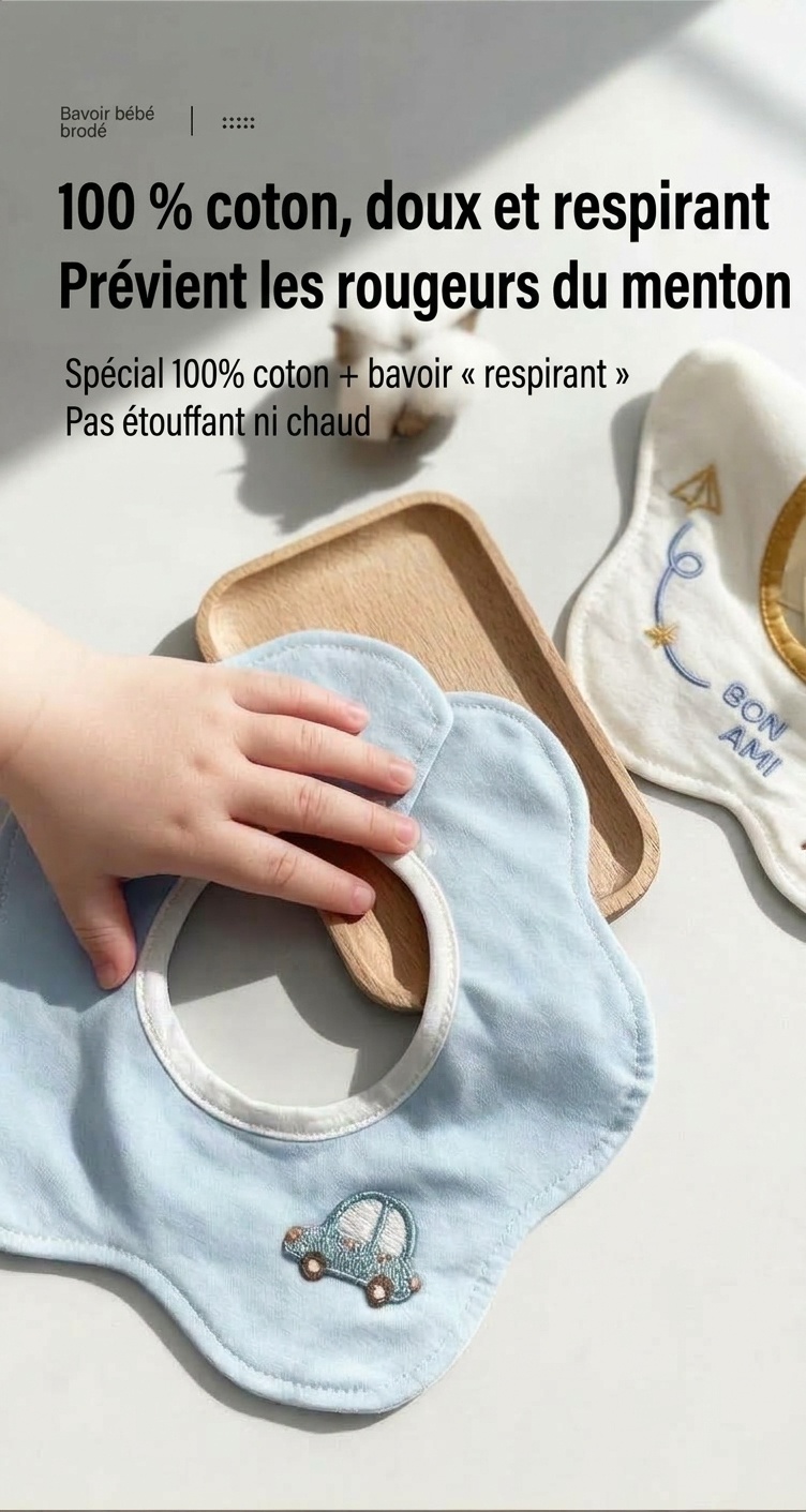 Bavoirs bébé en coton imperméable brodé, bavoirs d'allaitement à fleurs rotatifs à 360° (lot de 3)