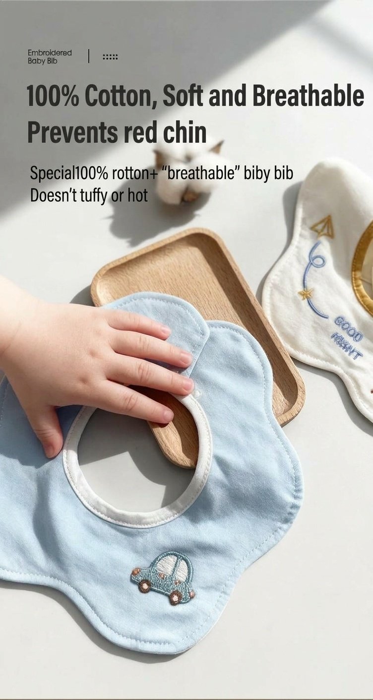 Bavaglini per neonati in cotone impermeabile ricamati, con motivo floreale girevole a 360° (confezione da 3)