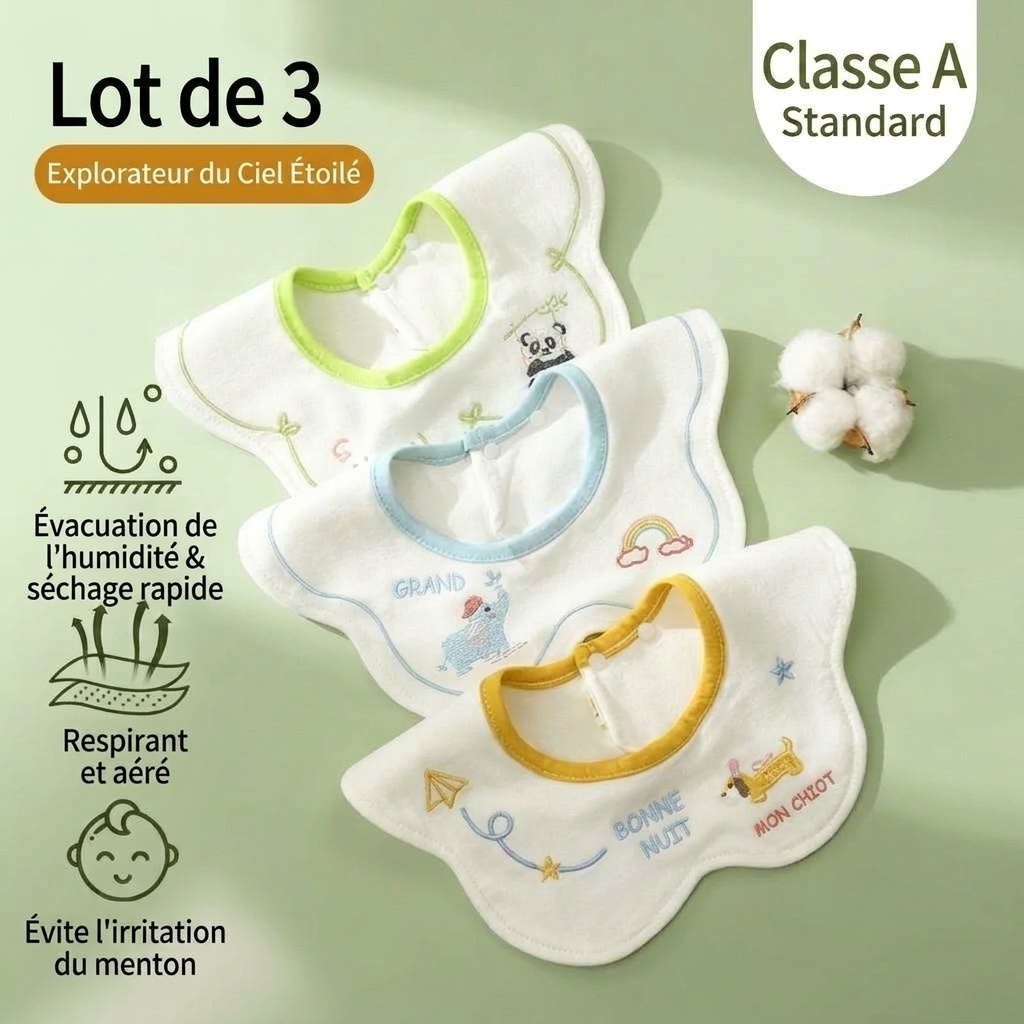 Bavoirs bébé en coton imperméable brodé, bavoirs d'allaitement à fleurs rotatifs à 360° (lot de 3)