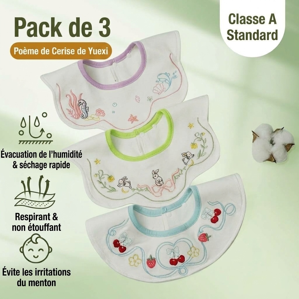Bavoirs bébé en coton imperméable brodé, bavoirs d'allaitement à fleurs rotatifs à 360° (lot de 3)