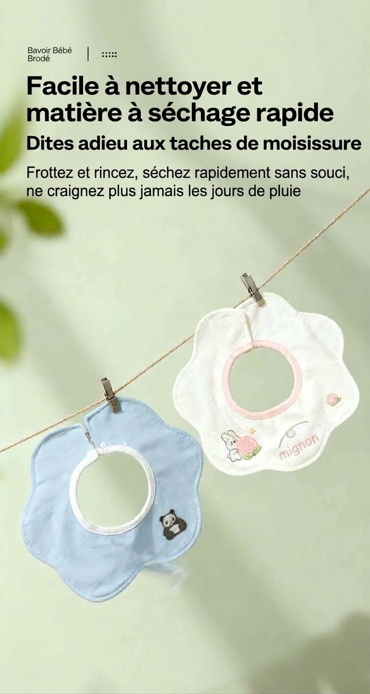 Bavoirs bébé en coton imperméable brodé, bavoirs d'allaitement à fleurs rotatifs à 360° (lot de 3)
