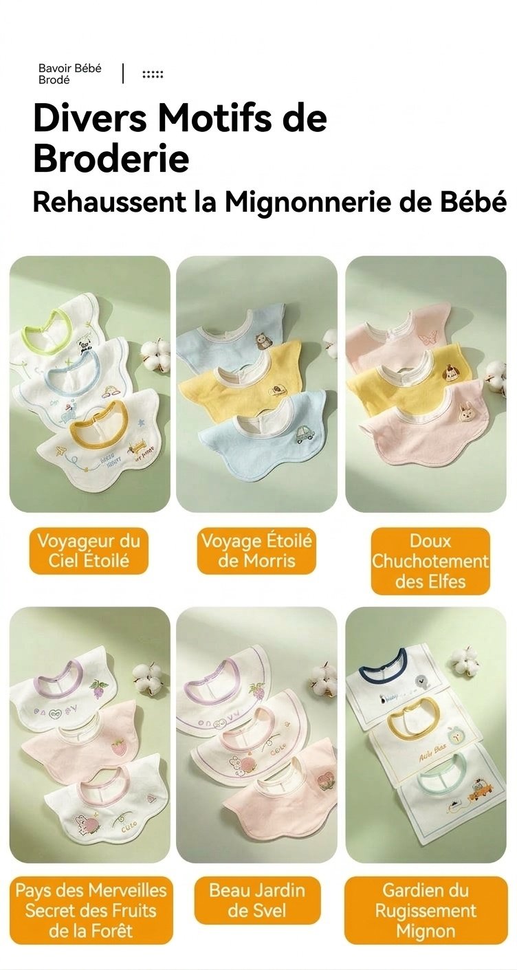 Bavoirs bébé en coton imperméable brodé, bavoirs d'allaitement à fleurs rotatifs à 360° (lot de 3)