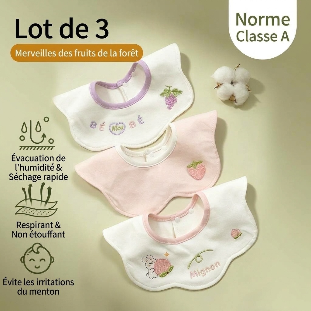 Bavoirs bébé en coton imperméable brodé, bavoirs d'allaitement à fleurs rotatifs à 360° (lot de 3)