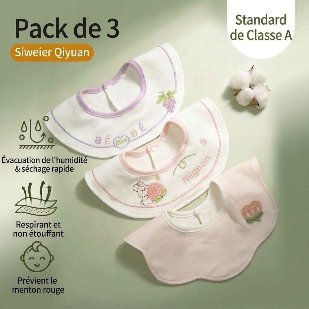 Bavoirs bébé en coton imperméable brodé, bavoirs d'allaitement à fleurs rotatifs à 360° (lot de 3)