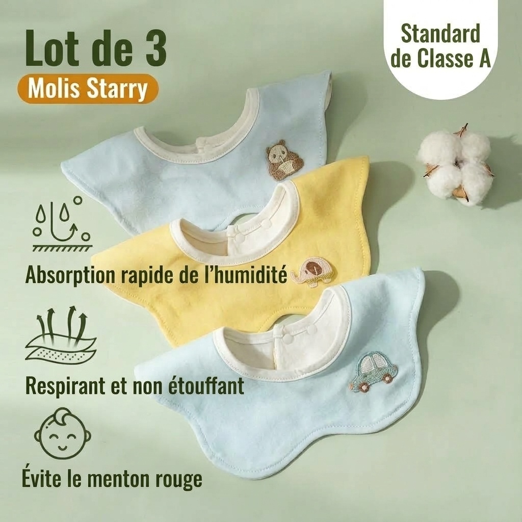 Bavoirs bébé en coton imperméable brodé, bavoirs d'allaitement à fleurs rotatifs à 360° (lot de 3)