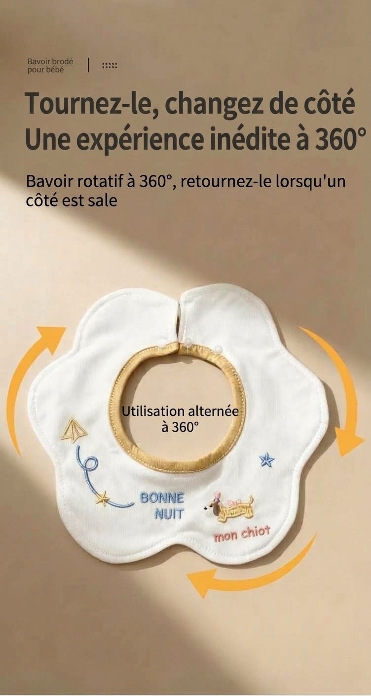 Bavoirs bébé en coton imperméable brodé, bavoirs d'allaitement à fleurs rotatifs à 360° (lot de 3)