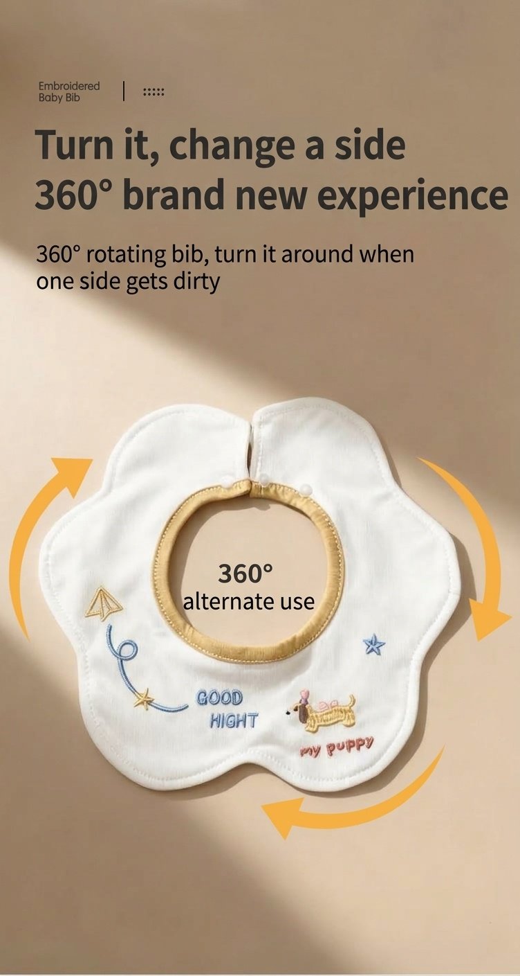 Bavaglini per neonati in cotone impermeabile ricamati, con motivo floreale girevole a 360° (confezione da 3)