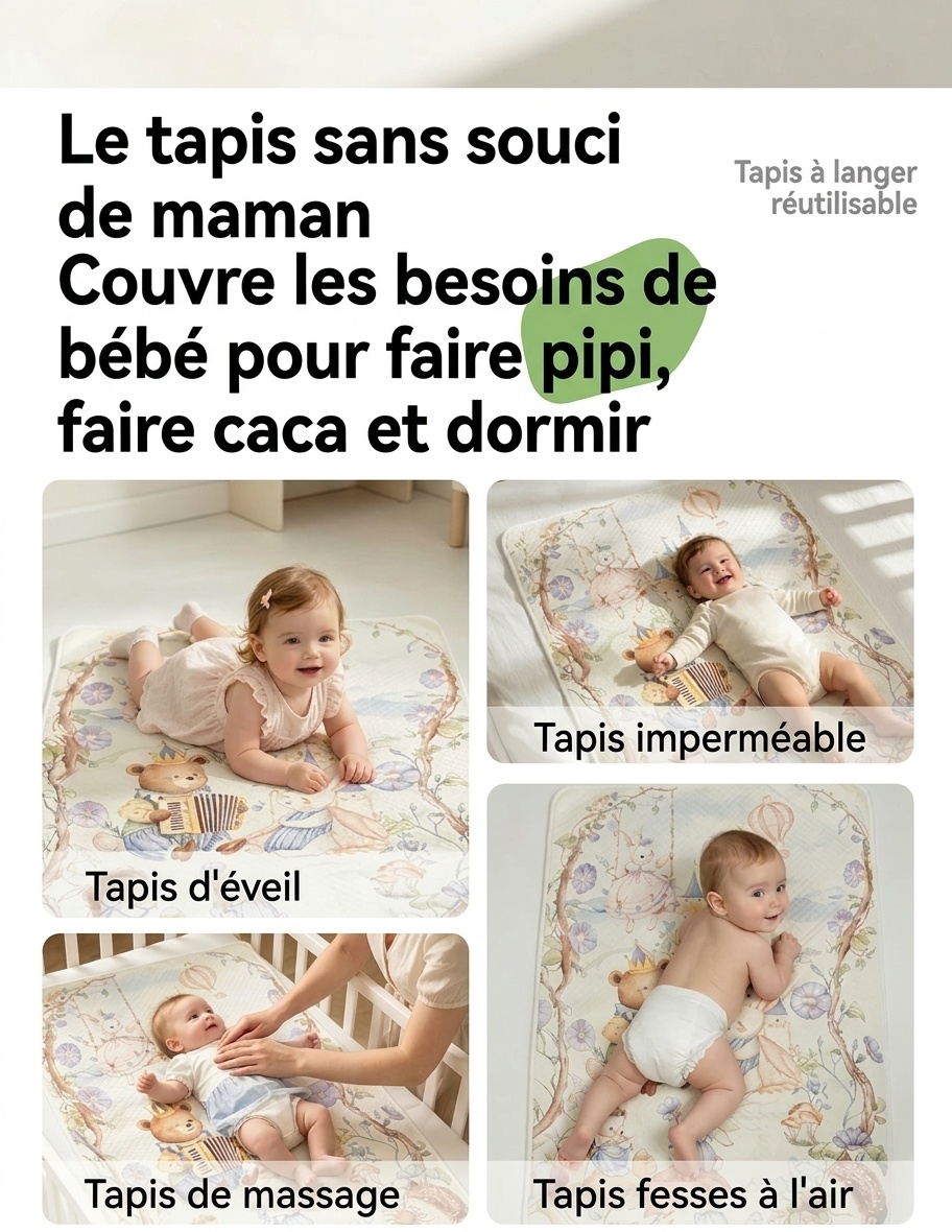 Matelas à langer réutilisable et imperméable pour bébé, matelas à langer en coton doux et respirant à 4 couches
