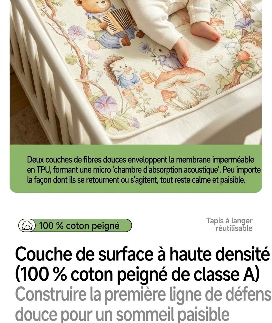Matelas à langer réutilisable et imperméable pour bébé, matelas à langer en coton doux et respirant à 4 couches