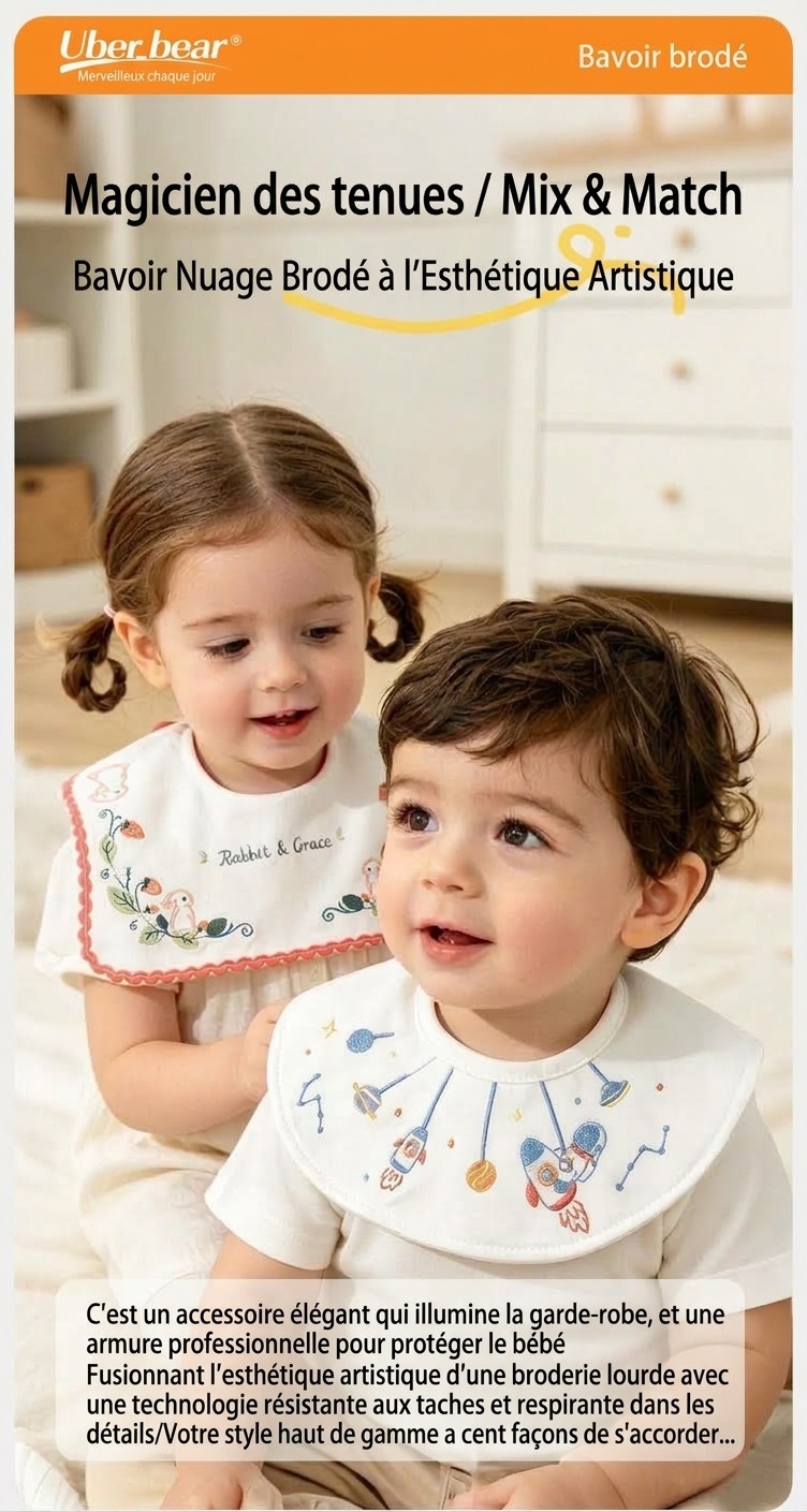 Bavoirs bandana en coton brodé pour bébé, imperméables et absorbants, pour l'alimentation et la bave