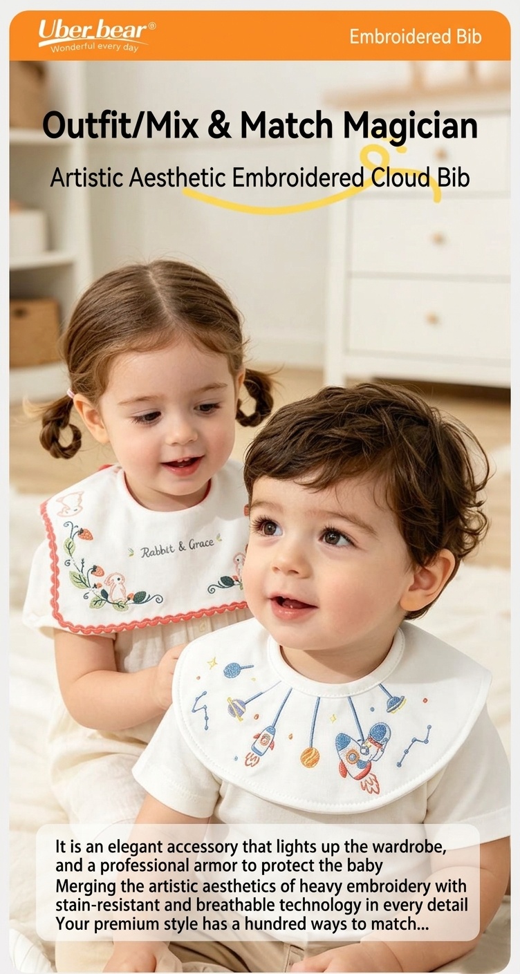 Bavaglini a bandana in cotone ricamati, carini, impermeabili e assorbenti, ideali per la pappa e per raccogliere la saliva.