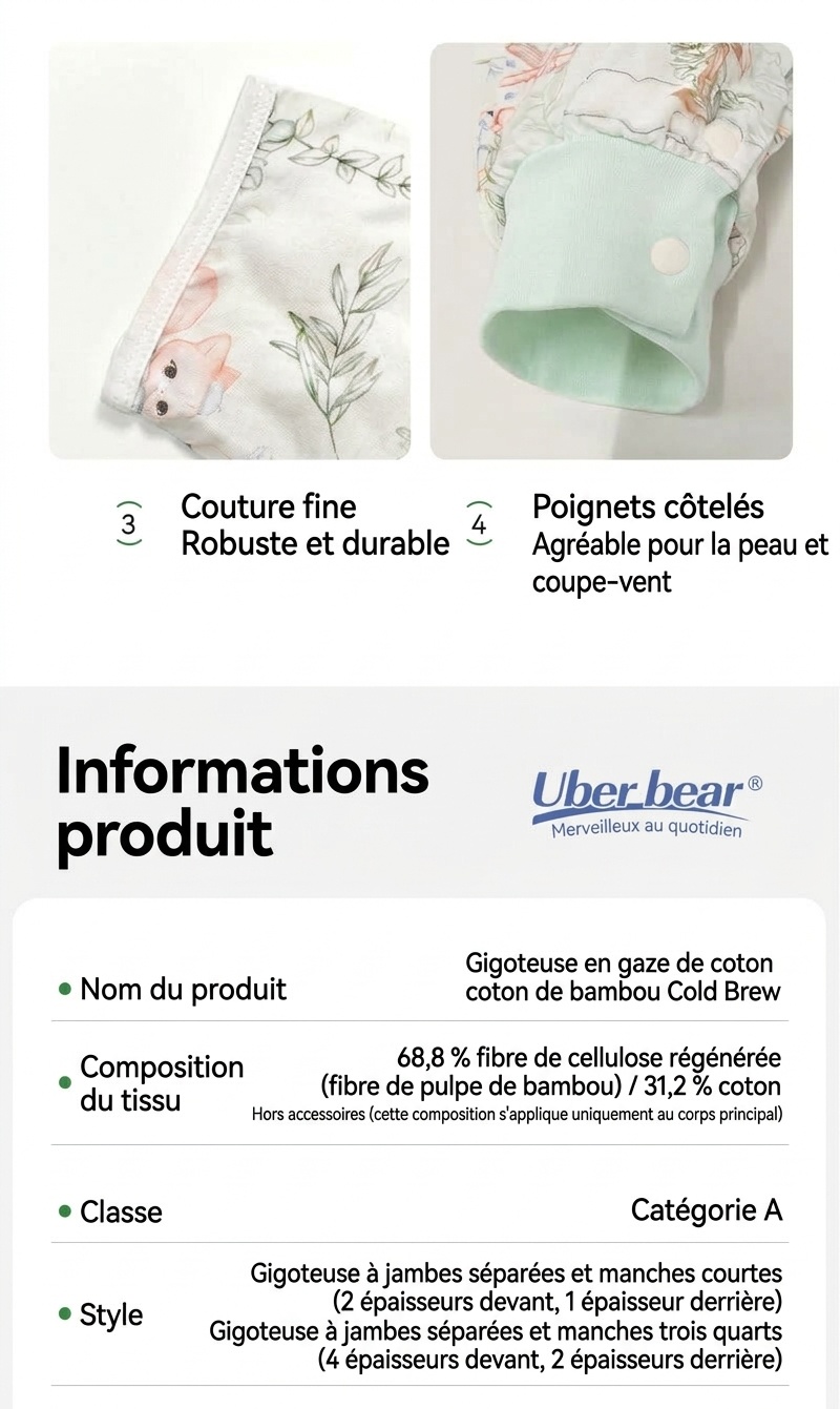 Gigoteuse bébé en coton et bambou respirant, couverture d'été portable avec entrejambe ouverte
