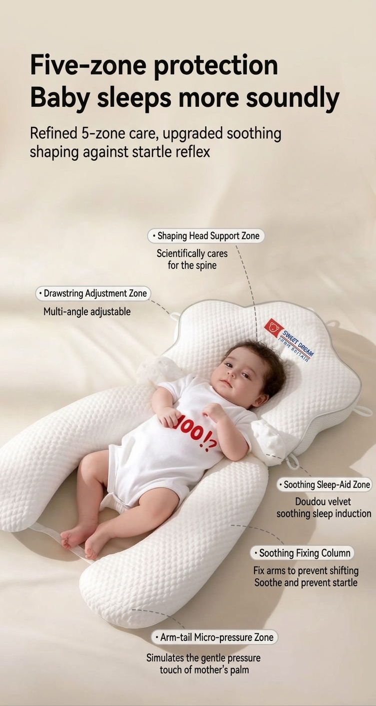 Almohada calmante anti-sobresaltos para recién nacidos, brazo relajante desmontable y almohadilla ergonómica para moldear la cabeza.
