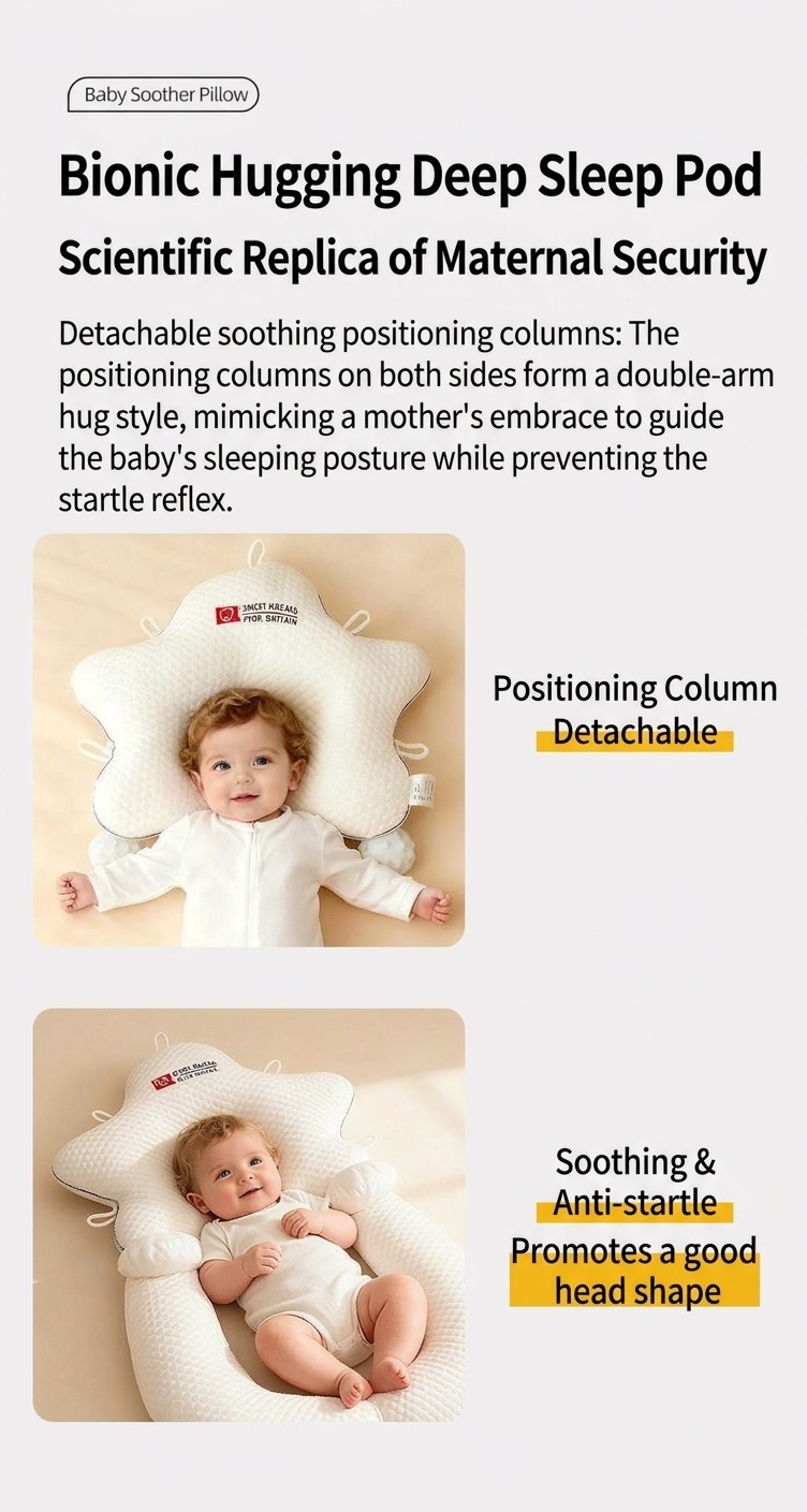 Almohada calmante anti-sobresaltos para recién nacidos, brazo relajante desmontable y almohadilla ergonómica para moldear la cabeza.